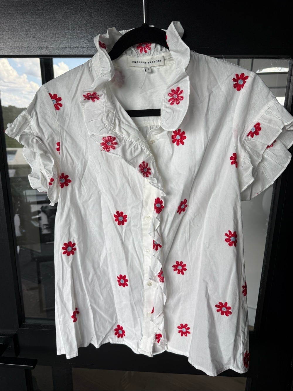English Factory White Cotton Ruffle Blouse with Red Floral Embroidery